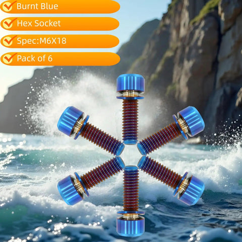Professional Grade Titanium Hex Head Bolts M6 X 18 mm With Flat Washers In Sharp Burnt Blue Anodized Finish For Badass Bicycle And Motorcycle Gear Including Matching Hardware Kits For Quick Installation On Daily Riders displayed in pack of 6 on a scenic background.