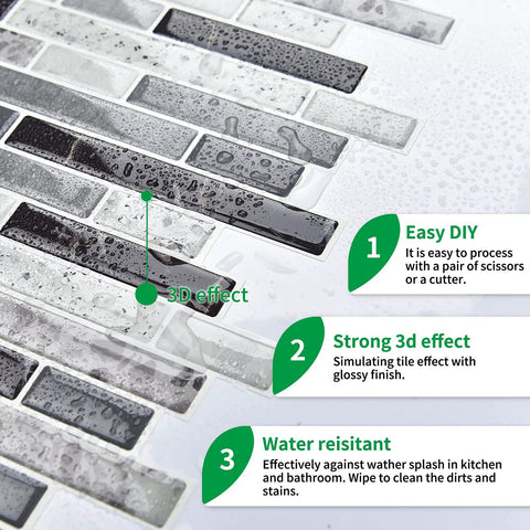 Close-up of Self Adhesive Peel And Stick Kitchen Backsplash Tiles Gray 12x12 in 10 Sheets showing 3D effect and benefits