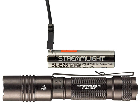 ProTac 2L X USB 500 Lumen Tactical LED Flashlight With Ten Tap Programmable Switch shown with rechargeable battery
