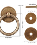 Vintage Brass Drawer Pulls 4 Pack Ring Handles With Screws For Dresser Cabinets And Furniture Hardware Retro Bronze Finish Stylish Cabinet Knobs For Home Improvement, shown with measurements and screw details.
