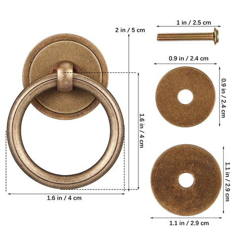Vintage Brass Drawer Pulls 4 Pack Ring Handles With Screws For Dresser Cabinets And Furniture Hardware Retro Bronze Finish Stylish Cabinet Knobs For Home Improvement, shown with measurements and screw details.