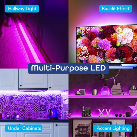 Prisma 16.4ft Smart WiFi LED Strip Lights That Work With Alexa And Google Assistant in hallway, TV, kitchen, shelf use.