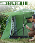 Man setting up awning with 8.5Feet Fiberglass Tent Pole Replacement Kit Pre Assembled Black Trek Poles 8mm Diam 8-Pole Set
