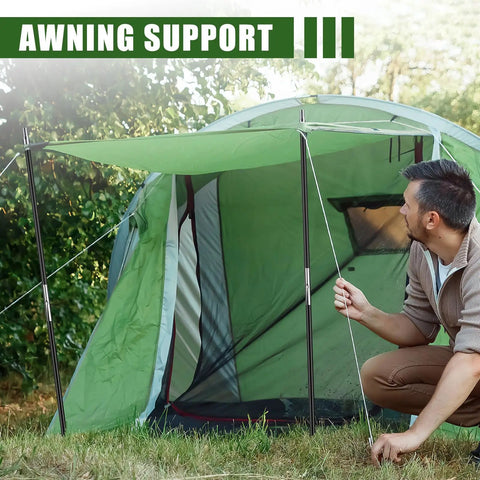Man setting up awning with 8.5Feet Fiberglass Tent Pole Replacement Kit Pre Assembled Black Trek Poles 8mm Diam 8-Pole Set