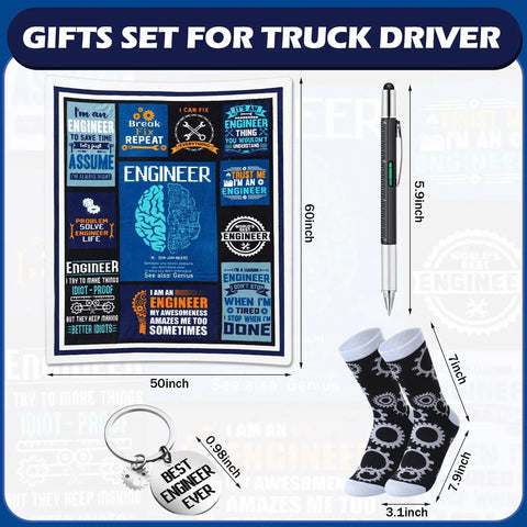 Engineer Appreciation Gift Set With Blanket, Multi Tool Pen, Keychain And Socks For Men displayed with measurements