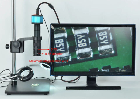 0.5X Barlow Lens For Stereo Microscope Big Attachment Objective Lens Doubles Your Magnification And Extends Working Distance For Industrial Microscopy With C Mount Camera Compatibility 10X To 300X Display Range on microscope stand with monitor
