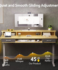 WALKINGDESK 55 Inch Electric Standing Desk With Keyboard Tray Height Adjustable Sit Stand Table Featuring Two Drawers Ergonomic Home Office Computer Desk With Convenient Storage Shelf Sleek Oak Finish For Productive Work shown with smooth adjustment features and accessories.