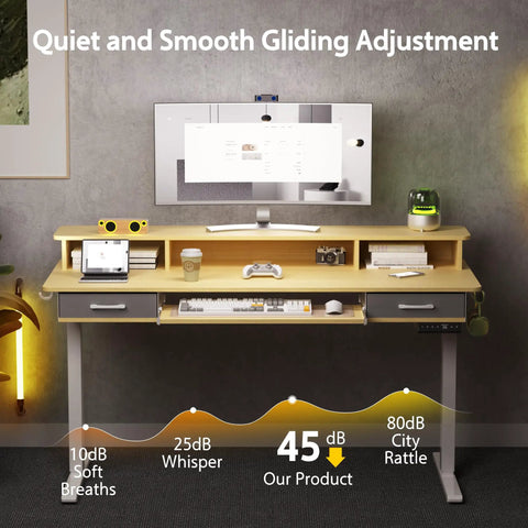 WALKINGDESK 55 Inch Electric Standing Desk With Keyboard Tray Height Adjustable Sit Stand Table Featuring Two Drawers Ergonomic Home Office Computer Desk With Convenient Storage Shelf Sleek Oak Finish For Productive Work shown with smooth adjustment features and accessories.