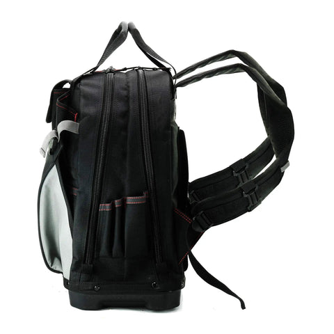 Side view of Heavy Duty Tool Backpack With Reinforced Bottom Waterproof PVC Coating Padded Back Support Breathable Fabric Real Workhorse