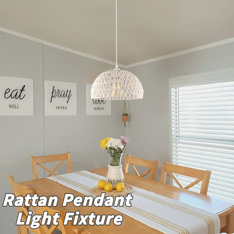 White Woven Pendant Light Boho Chic Chandelier Dome Fixture above wooden dining table in farmhouse style kitchen. Bulb included.