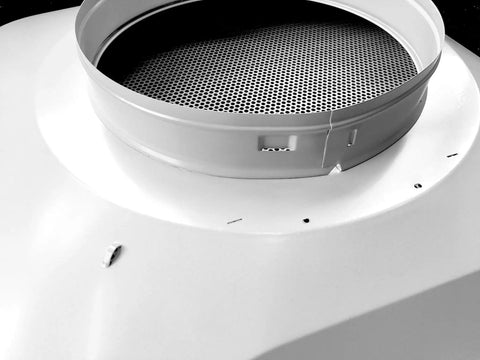 Close-up of the 24 By 24 Inch T Bar Drop Ceiling Return Grill With Perforated Front And Rust Free Aluminum Back Casing Six Inch Collar.