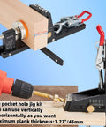 Close-up of Pocket Hole Jig Kit Second Generation Upgrade with adjustable depth, shown drilling pocket hole in wooden plank, DIY use.