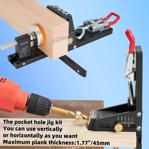 Close-up of Pocket Hole Jig Kit Second Generation Upgrade with adjustable depth, shown drilling pocket hole in wooden plank, DIY use.