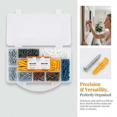 Alt Tag: 510 Piece Wall Hanging Kit With Anchors And Screws For Picture Hanging displayed in open organizer box