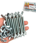 Hand holding Quarter Inch Twenty Wing Nut And Wing Bolt Fastener Kit with zinc plated hardware in front of clear box.
