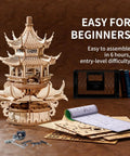 Awesome Wooden 3D Puzzle Lotus Pavilion Music Box Building Kit For Adults With 619 Precisely Cut Parts And Included Tools Wax Sandpaper DIY Wood Craft Gift For Men And Women Creative Assembly Hobby Toy For Mindful Play, wooden kit and instructions displayed