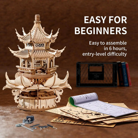 Awesome Wooden 3D Puzzle Lotus Pavilion Music Box Building Kit For Adults With 619 Precisely Cut Parts And Included Tools Wax Sandpaper DIY Wood Craft Gift For Men And Women Creative Assembly Hobby Toy For Mindful Play, wooden kit and instructions displayed
