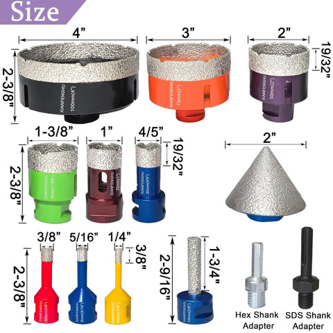 Heavy Duty Diamond Hole Saw Kit Cuts Smooth As Silk For Tile Ceramic Porcelain Stone 13 Piece Core Drill Bit Set sizes and types showcased.