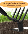 Close-up of 2 In 1 Garden Hoe Cultivator With 62 Inch Long Handle Stirrup Weeder And Soil Loosener Heavy Duty 4 Prong Tiller