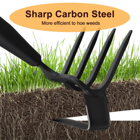 Close-up of 2 In 1 Garden Hoe Cultivator With 62 Inch Long Handle Stirrup Weeder And Soil Loosener Heavy Duty 4 Prong Tiller