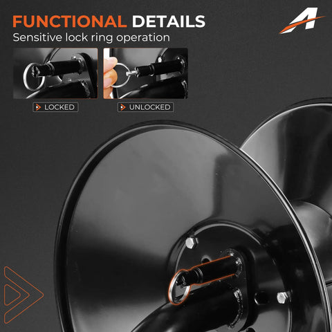 Manual Twin Welding Hose Reel Keeps 100 Feet Of Twin Gas Hose with lock system detail showing locked and unlocked positions.