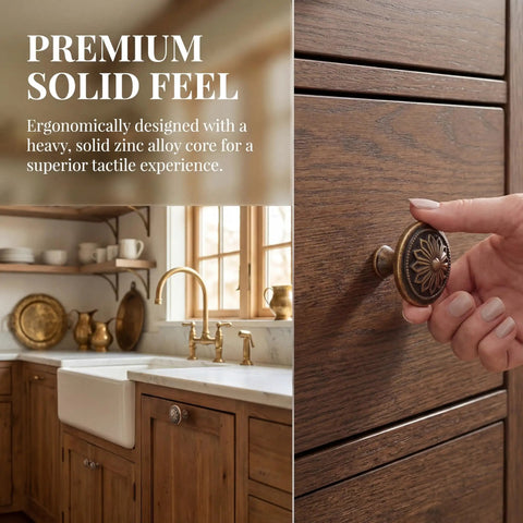 Antique Brass Cabinet Knobs 10 Pack Tough As Nails Heavy Duty Zinc Alloy Round 1.4 Inch Dia Kitchen Cabinet Handles in use