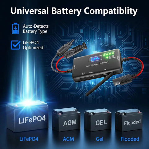 12V 20A PWM Solar Charge Controller with Type C USB Output Auto Detects LiFePO4 AGM and Gel Batteries No Night Drain Tech Plus Overload And Overheat Protection For Off Grid RV Life And Solar Setups with Universal Battery Compatibility.