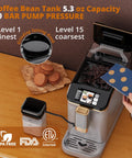 Automatic Espresso Coffee Machine With Milk Frother And 20 Bar Pressure Features 15 Grind Steps And TFT screen showing grinding levels.