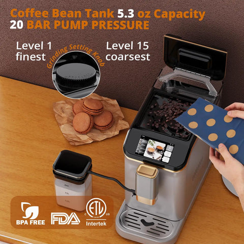 Automatic Espresso Coffee Machine With Milk Frother And 20 Bar Pressure Features 15 Grind Steps And TFT screen showing grinding levels.