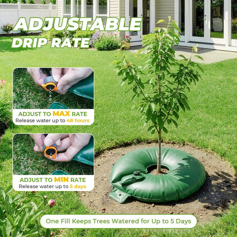 15 Gallon Tree Watering Bags Set Of 4 With Rings Slow Release Water For 1 To 7 Days Deep Root Automatic Drip Irrigation System For Multi Trunk Newly Planted Trees And Shrubs surrounding a young tree on a lawn.