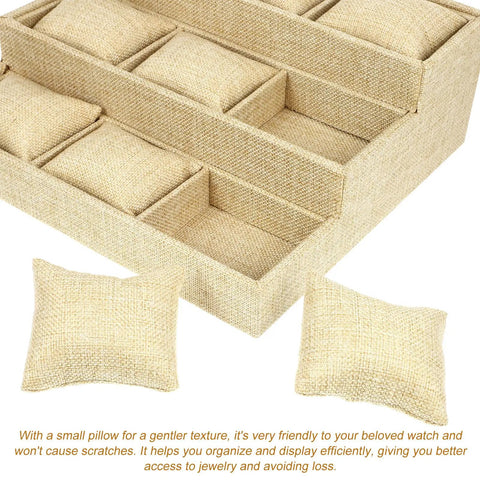 Straight Fire Nine Grid Watch Storage Tray With Plush Linen Cushion showcasing khaki linen lined compartments and small pillows.