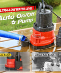 Automatic Submersible Pump, One Third Horsepower, 2450 GPH Sump Pump With Smart Sensor, Auto On Off, portable pump draining water