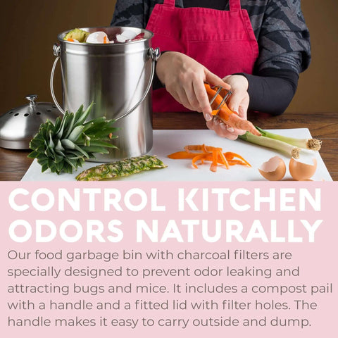 Person peeling vegetables near Countertop Compost Bin For Kitchen One Point Three Gallon Odor Free Indoor Bin With Carbon Filters