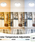 Four Pack 9 Inch Motion Sensor Ceiling Lights Wired LED Flush Mount Bright White 18W 1800lm With Three Color Temperature Modes And 30 To 120 Second Timer For Closet Pantry Hallways Stairwells Garage displayed with three different color temperatures in a closet setting.