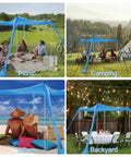 Big Beach Canopy Sun Shelter 11 By 11 Feet UPF Fifty Plus With Sandbags shown in picnic, camping, beach, and backyard settings.