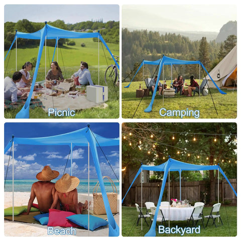 Big Beach Canopy Sun Shelter 11 By 11 Feet UPF Fifty Plus With Sandbags shown in picnic, camping, beach, and backyard settings.