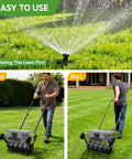 Man using 2 In 1 Rolling Lawn Aerator And Roller With Removable Gear Spikes for easy switch in residential yard