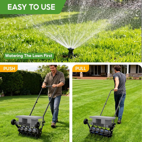 Man using 2 In 1 Rolling Lawn Aerator And Roller With Removable Gear Spikes for easy switch in residential yard