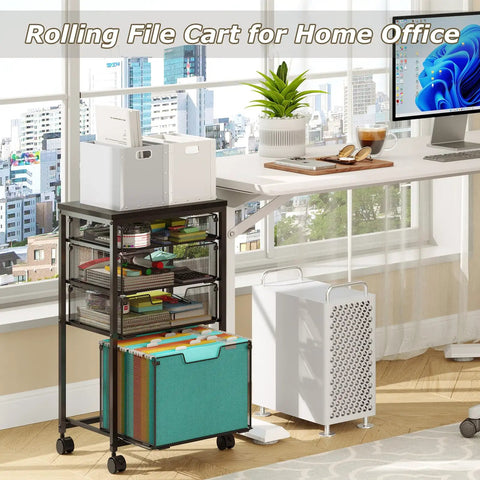 Rolling File Cart With Four Drawers And Printer Stand On Wheels Mobile Filing Cabinet For Home Office Hanging File Organizer Under Desk Storage Printer Shelf Black