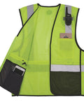 Rock Solid Class 2 High Visibility Safety Vest Featuring Hella Breathable Mesh Back And Sleek Black Front Zip Closure With Multiple Utility Pockets For Crews, lime green mesh with utility pockets.