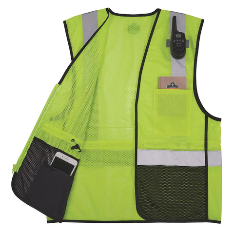 Rock Solid Class 2 High Visibility Safety Vest Featuring Hella Breathable Mesh Back And Sleek Black Front Zip Closure With Multiple Utility Pockets For Crews, lime green mesh with utility pockets.