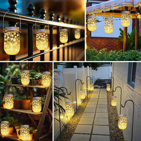 Solar Mason Jar Lid Lights 12 Pack With 30 LEDs For Outdoor Use Fairy In A Jar Style String Lights illuminating pathways.