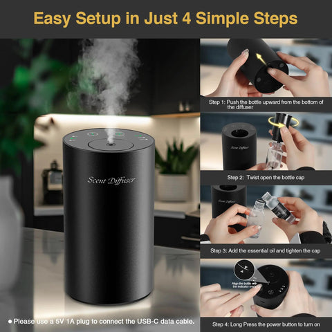 No Water Needed Nebulizing Diffuser Starter Kit With Battery Powered Mini Scent Machine Including 3x20ml Essential Oils For Home Car Office Use Portable Black shown in four-step setup process