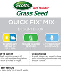 Scotts Turf Builder Grass Seed packaging showcasing Quick Fix Mix for temporary repair in full sun and erosion control.
