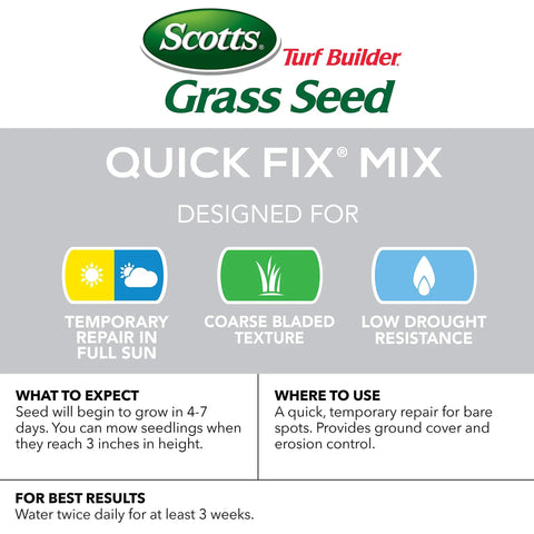 Scotts Turf Builder Grass Seed packaging showcasing Quick Fix Mix for temporary repair in full sun and erosion control.