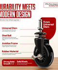 Smooth As Butter Three Inch Rollerblade Casters For Office And Gaming Chairs Slipping Along Hardwood And Carpet Like A Dream While Locking In Quiet Stability In A Heavy Duty Set Of Five Wheels showing a close-up of a black rollerblade caster with an 11 mm universal stem.