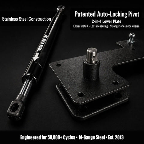 Queen Size Murphy Bed Hardware Kit Featuring Bulletproof Gas Piston Lift Systems with stainless steel auto-locking pivot for easy installation.