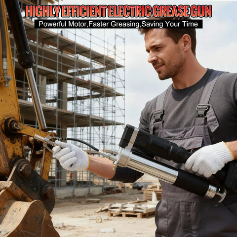 Man using Powerful 12000 PSI Cordless Grease Gun Kit With Dual Mode Operation on construction equipment
