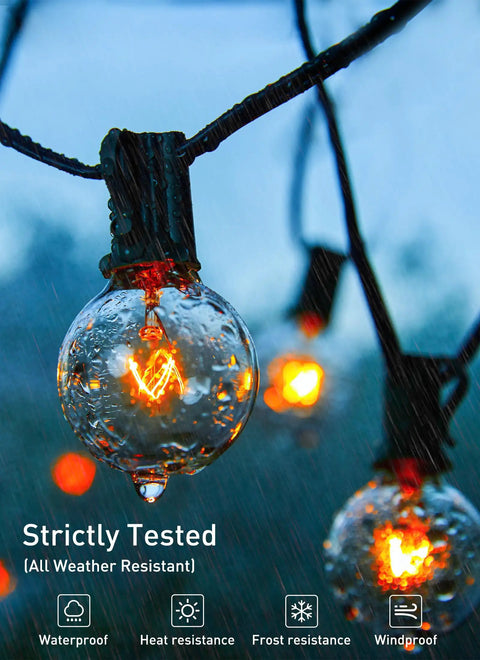 Old School Edison G40 Replacement Light Bulbs 5W Clear Globe 1.5 Inch Dimmable Bulbs glowing in outdoor rainy setting