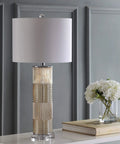 Champagne Glass and Crystal Table Lamp With White Faux Silk Drum Shade, Contemporary Transitional Pillar Lamp on console table